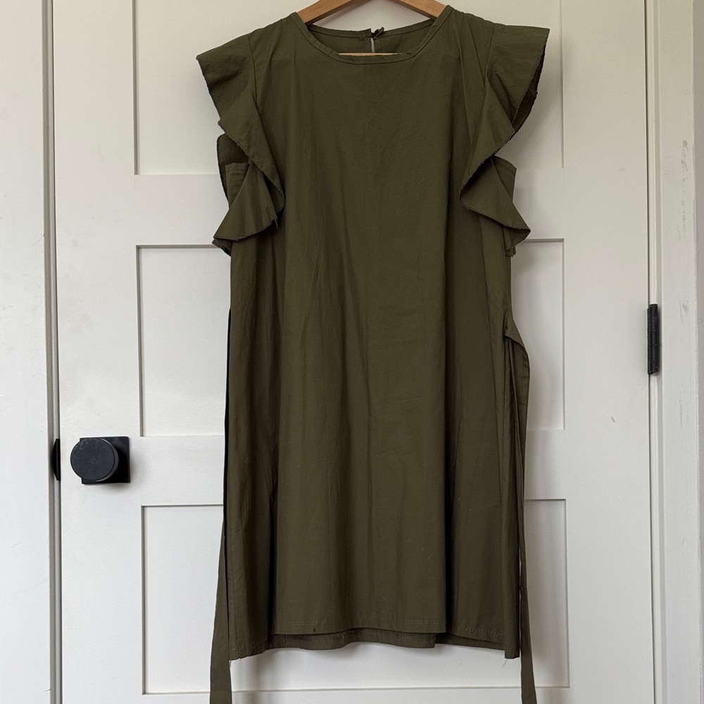 Mini Olive Green Ruffle Sleeve Dress Poplin Cotton